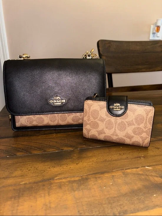 Coach SET Black Leather & Brown Signature Canvas Crossbody with Matching Wallet - Picture 10 of 16